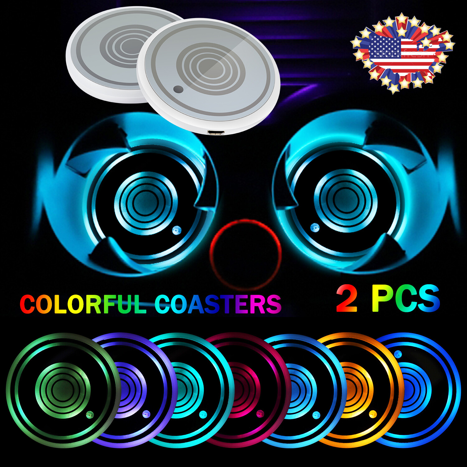 2Pcs Car Cup Holder Lights - 7-Color LED Interior Decoration Light Pads for Cars