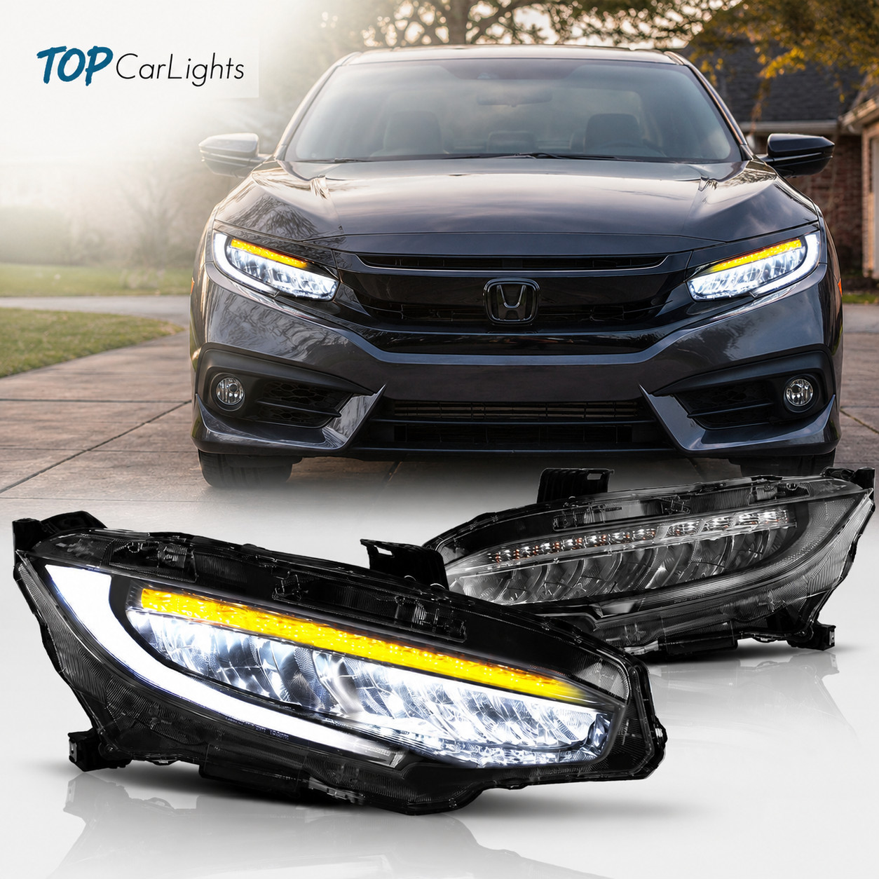 VLAND 1Pair LED Headlights For 2016-2021 Honda Civic w/ Sequential Turn Signals