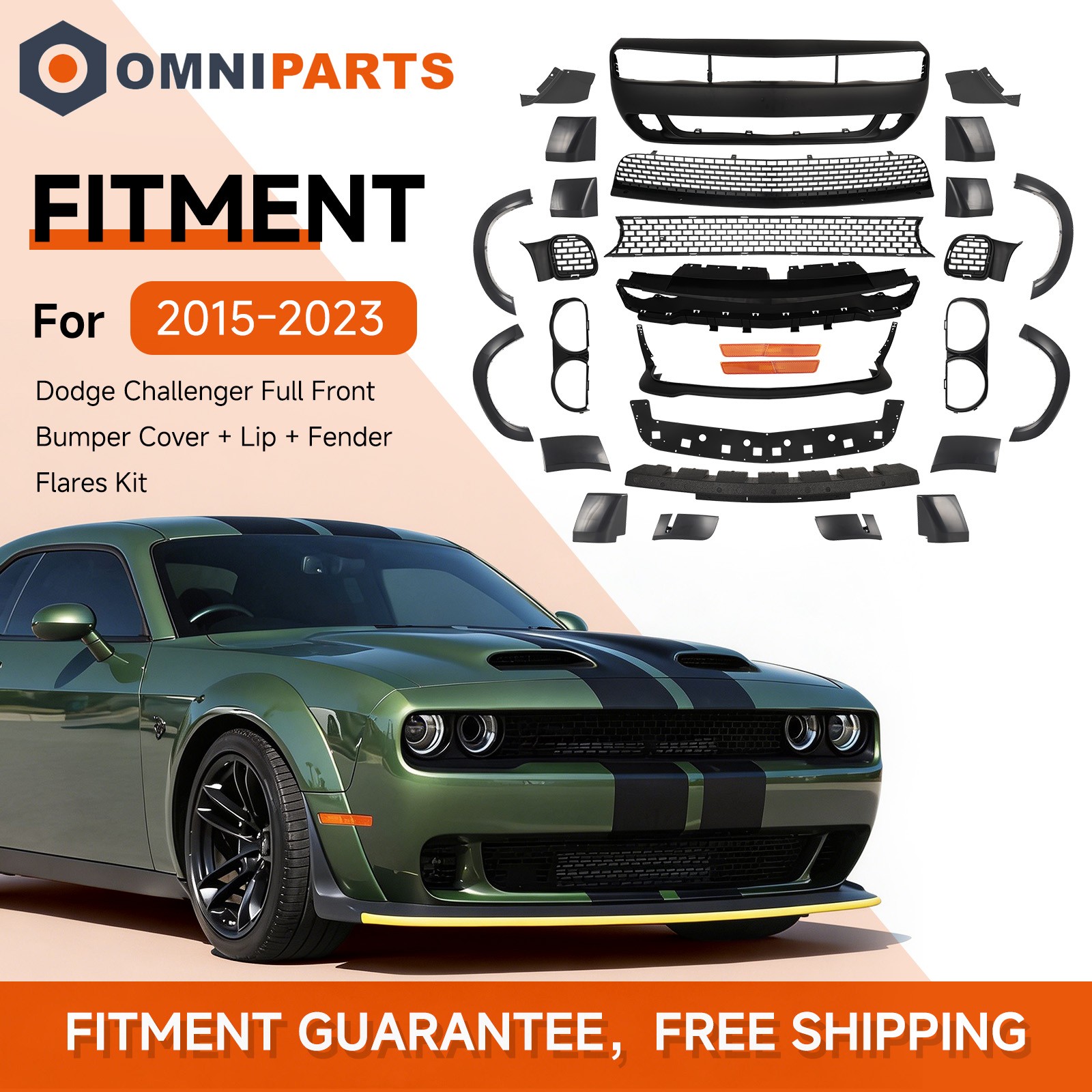 Fits 15-23 Dodge Challenger Hellcat Style Front Bumper + Lip + Fender Flares NEW Fits 15-23 Dodge Challenger Hellcat Style Front Bumper + Lip + Fender Flares NEW