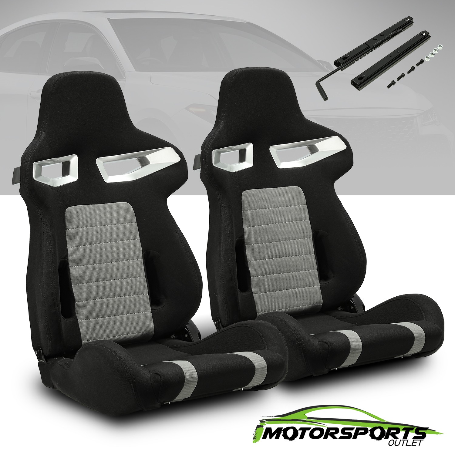 2 x Black PVC Main&Punching fabric Left/Right Racing Seats + Adjustor Slider