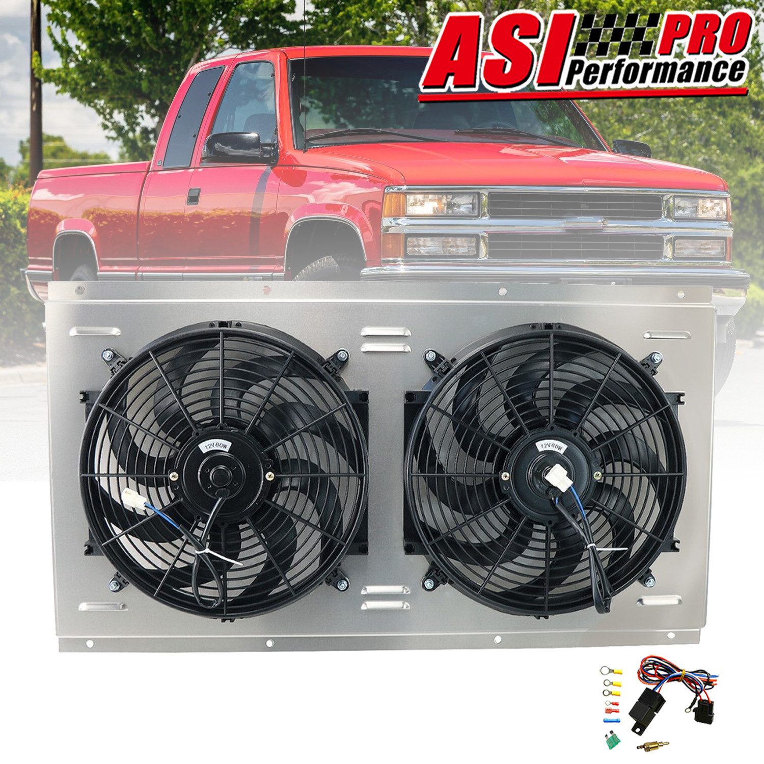 Aluminum Radiator Shroud Fan+Relay Fit 1988-1999 CHEVY GMC C/K 1500 2500/3500 US