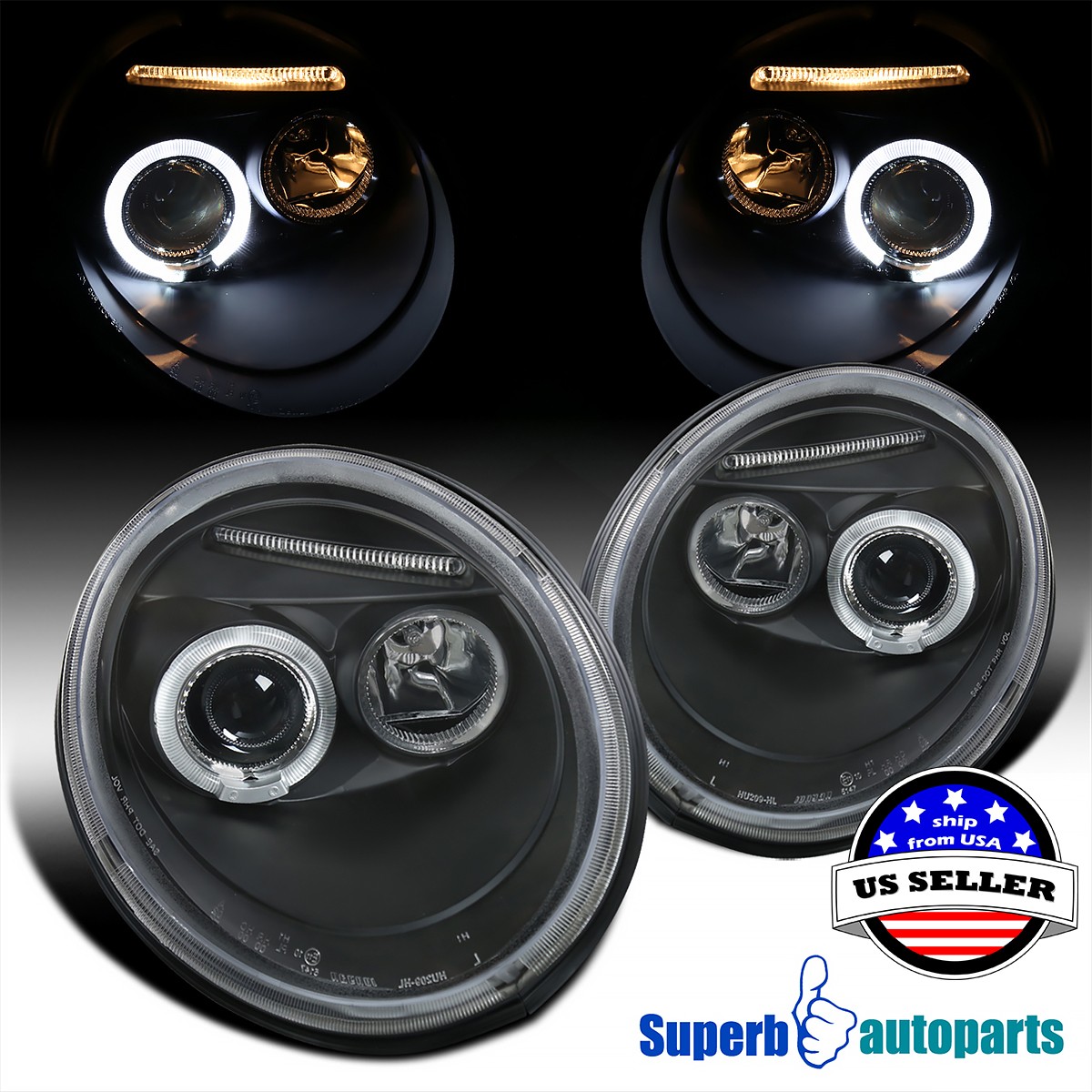 Fits 1998-2005 Volkswagen 98-05 VW Beetle Halo Projector Headlights Black Pair Fits 1998-2005 Volkswagen 98-05 VW Beetle Halo Projector Headlights Black Pair