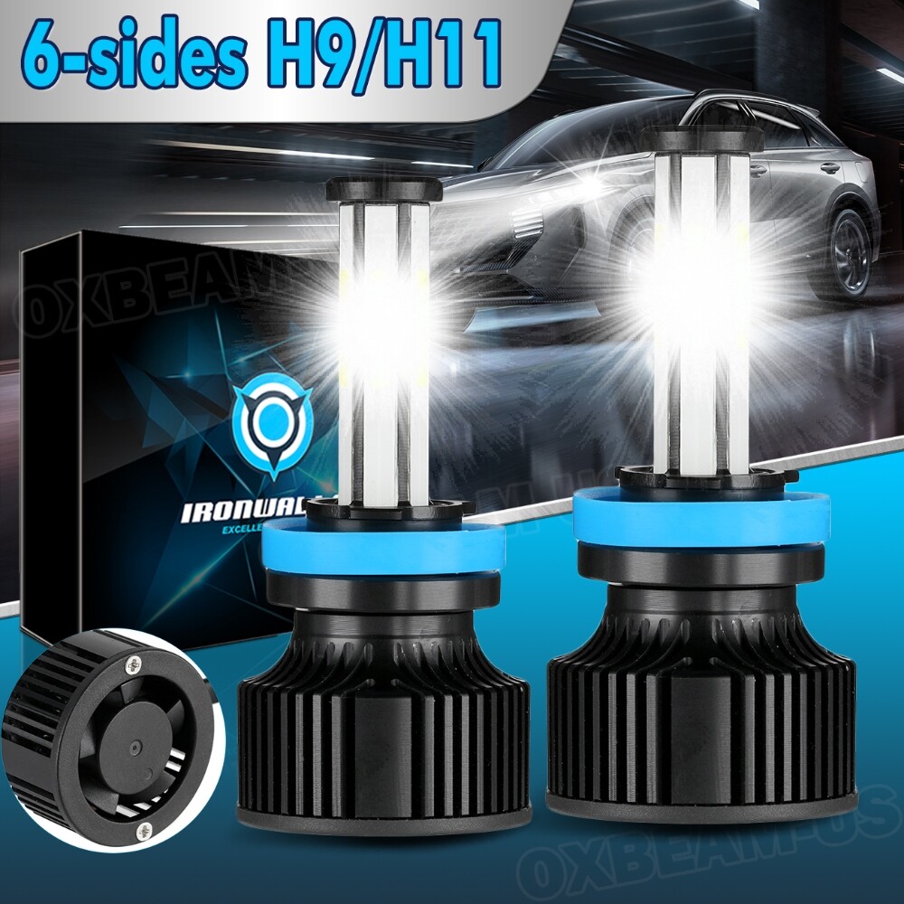IRONWALLS 6-Sides H9 H11 LED Headlight High or Low Beam Super Bright Bulbs 6500K