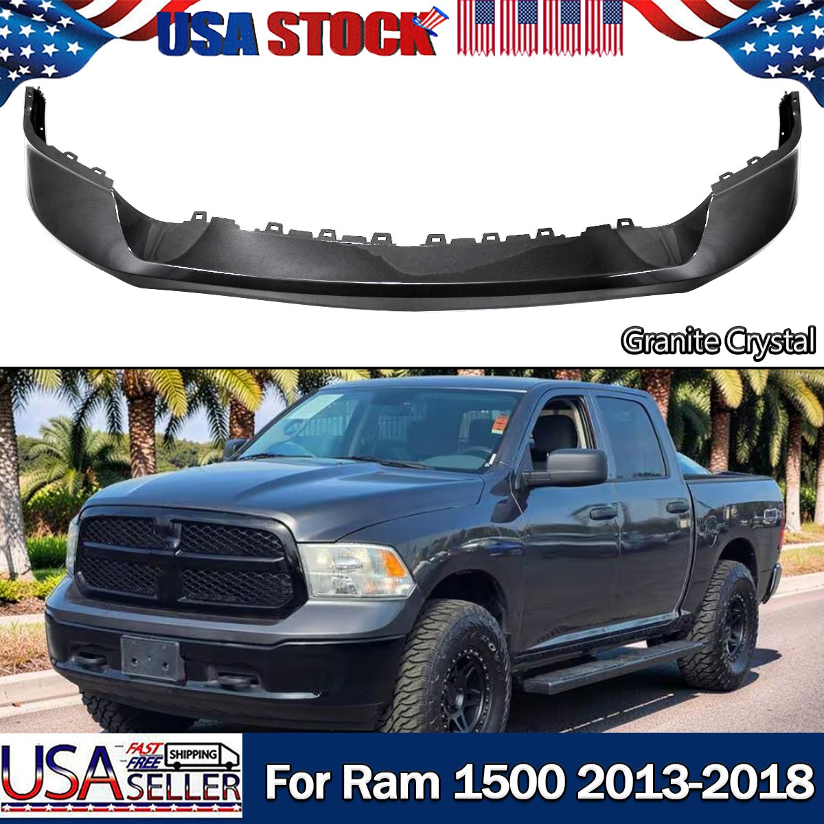 PAU Granite Crystal Front Upper Bumper Cover For 2013-18 Dodge RAM 1500/Classic