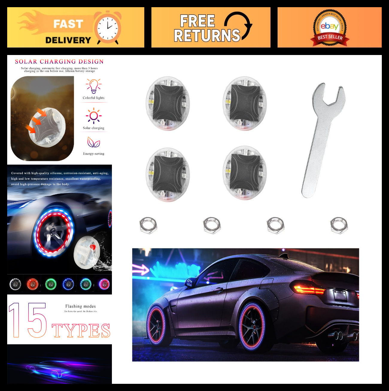4 PCS Colorful Solar LED Tire Valve Cap Lights with Motion Sensor - Waterproof S