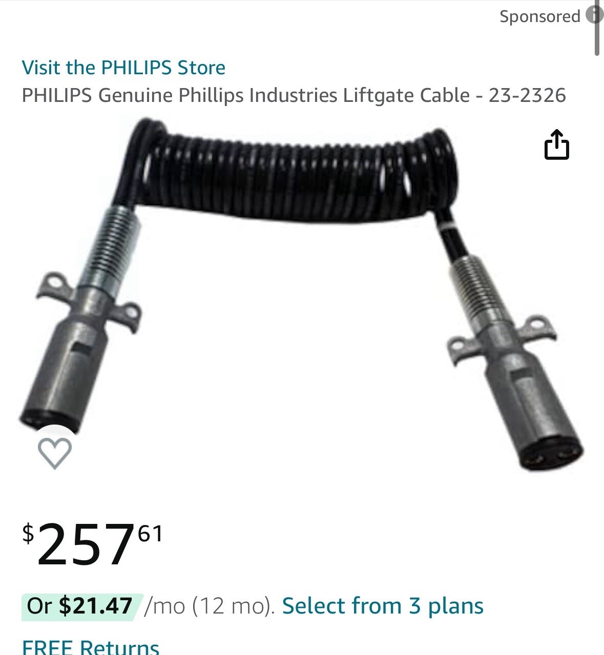 Phillips 12\' Liftgate Charging Cable Assembly (Dual Pole) #23-2326