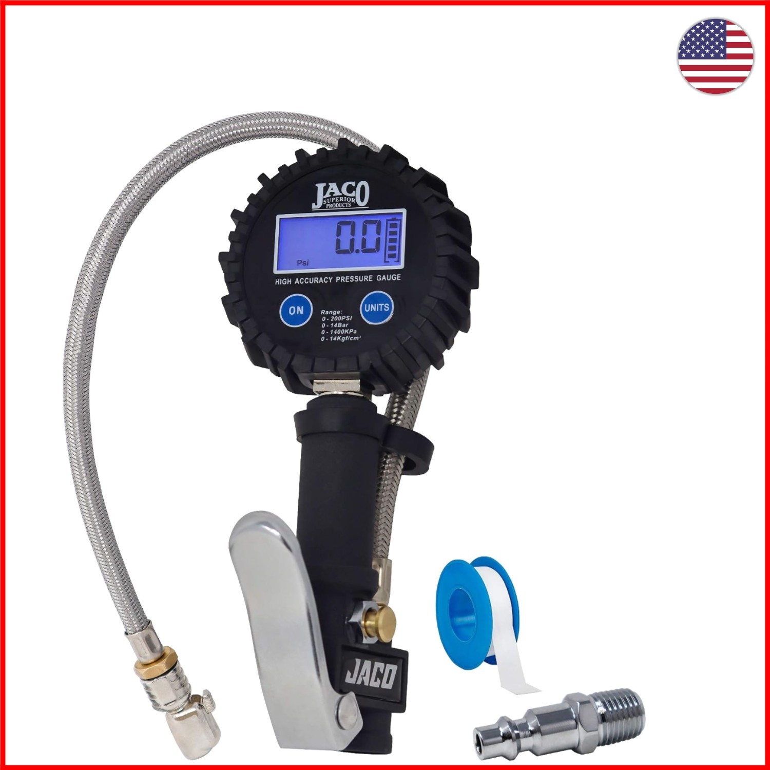 JACO FlowPro Digital Tire Inflator - 200 PSI with Pressure Gauge & LCD Display
