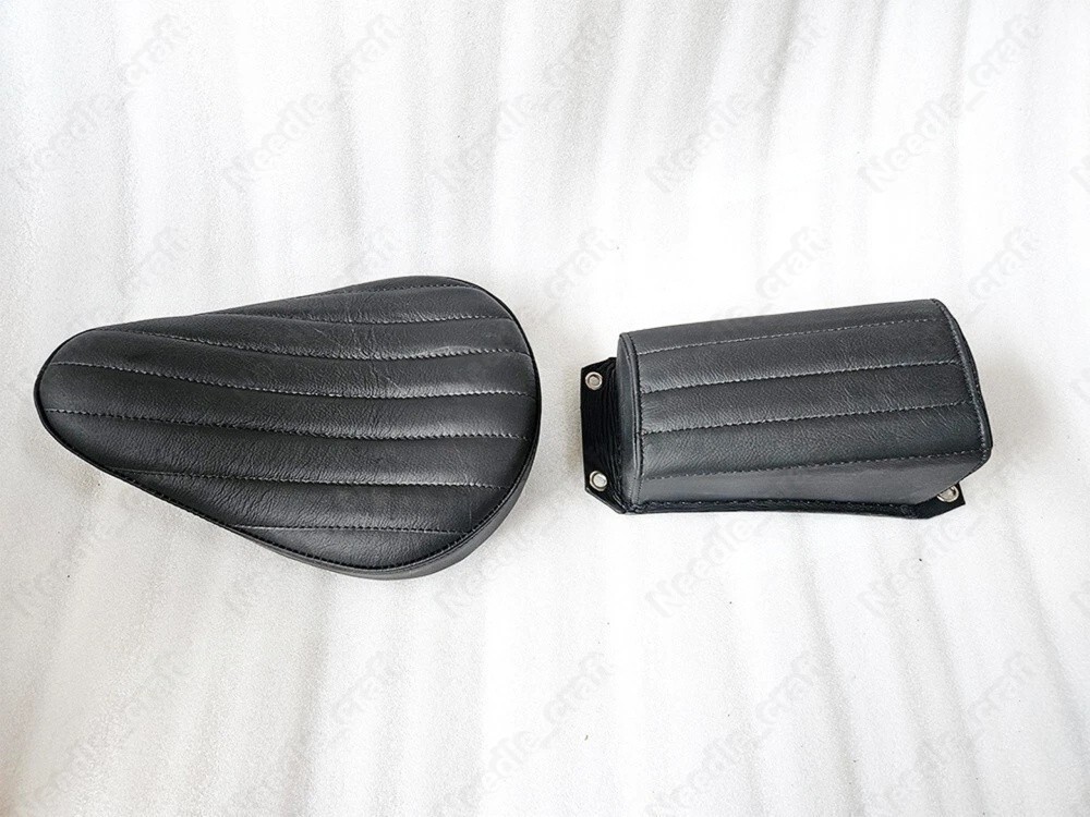 BLACK LEATHER VERT RIB CHOPPER SOLO SEAT & PILLION PAD TUCK & ROLL HARLEY BOBBER
