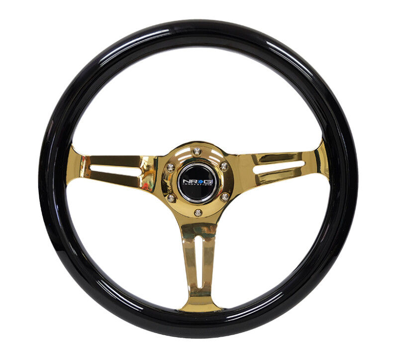 NRG Classic Wood Grain Steering Wheel (350mm) Black Grip w/Chrome Gold 3-Spoke NRG Classic Wood Grain Steering Wheel (350mm) Black Grip w/Chrome Gold 3-Spoke