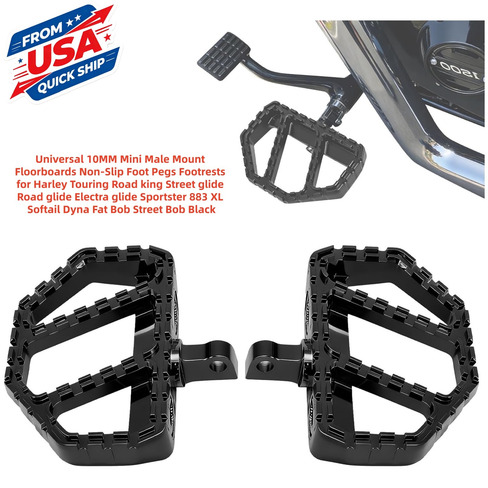 Universal 10MM Mini Male Mount Floorboards Non-Slip Foot Pegs For Harley Touring Universal 10MM Mini Male Mount Floorboards Non-Slip Foot Pegs For Harley Touring