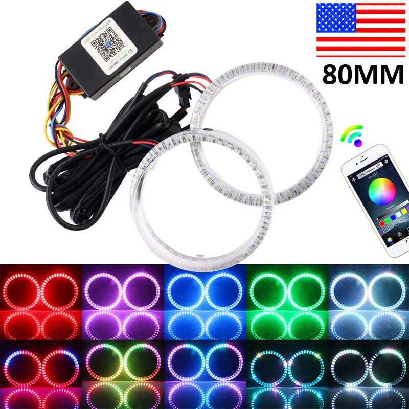 Set RGB 80MM COB LED Angel Eye Lights Halo Rings Phone APP Control Headlight DRL