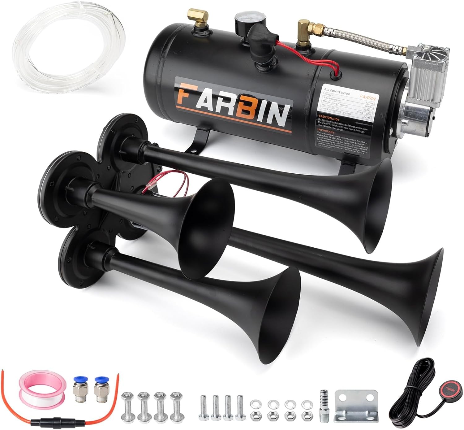 FARBIN 178DB 4 Trumpet Horns Train Horn Kit 0.8 gal 12v black air horn kit 