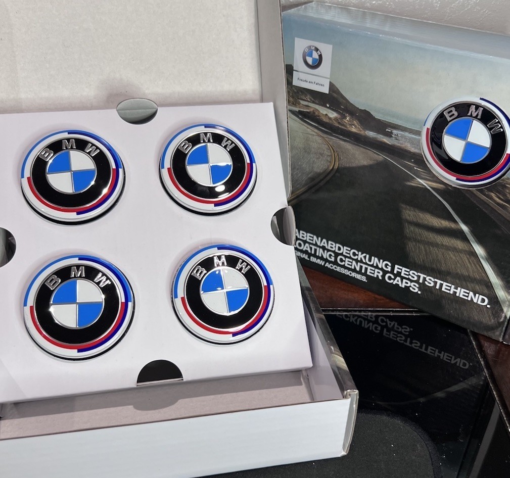 BMW 56mm FLOATING 50th Anniversary Wheel Centre Hub Caps SET of 4 36122455268 US BMW 56mm FLOATING 50th Anniversary Wheel Centre Hub Caps SET of 4 36122455268 US