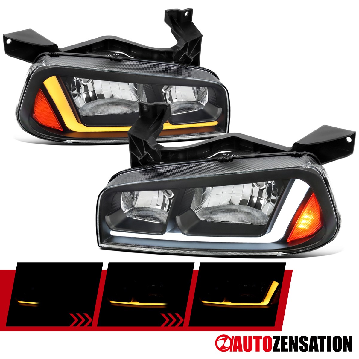 Fit 2006-2010 Dodge Charger Black Halogen Headlights Lamps LED Sequential Signal Fit 2006-2010 Dodge Charger Black Halogen Headlights Lamps LED Sequential Signal