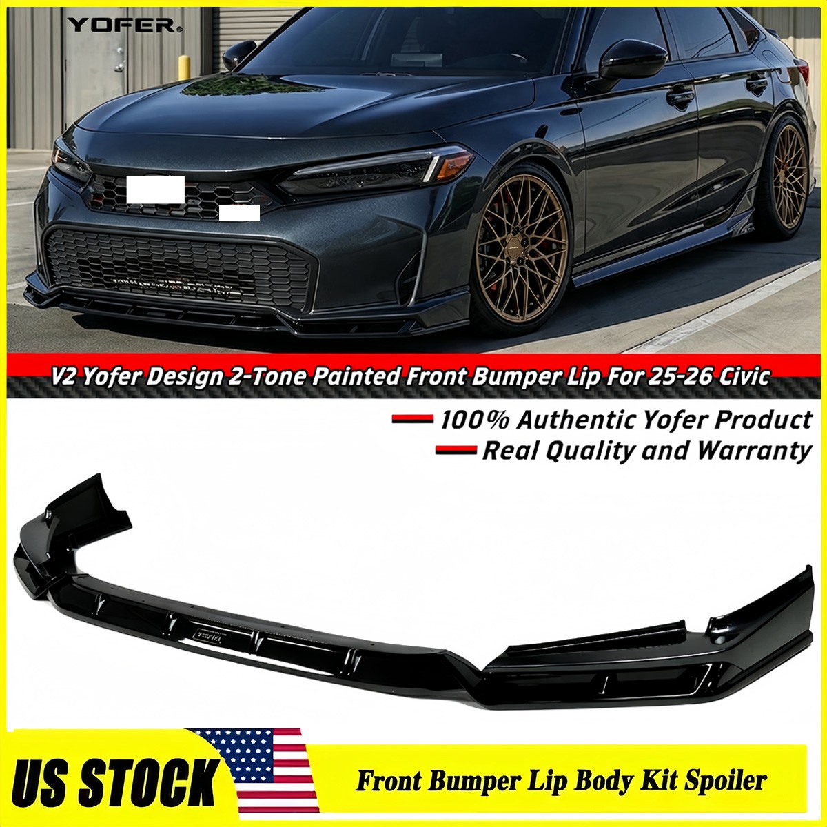 Meteorite Gray 2-Tone Front Bumper Lip Splitter For 25-26 Honda Civic Yofer V2