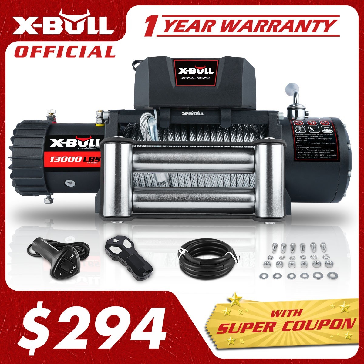 X-BULL Electric Winch 12V 13000LBS Steel Cable Jeep Truck Trailer Car Winch 4WD