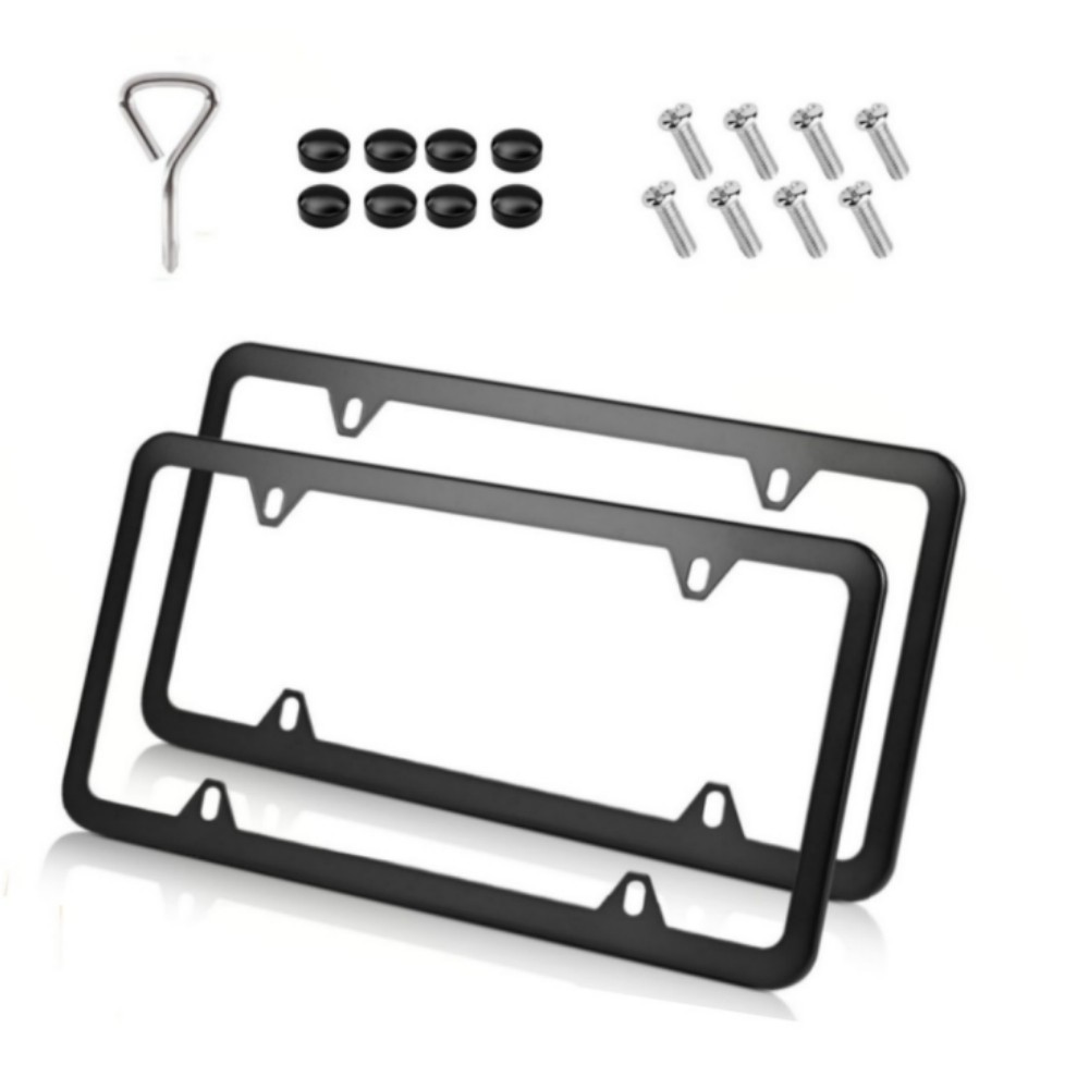2Pcs Black Stainless Steel License Plate Frame Slim Front & Rear Car Tag Cover