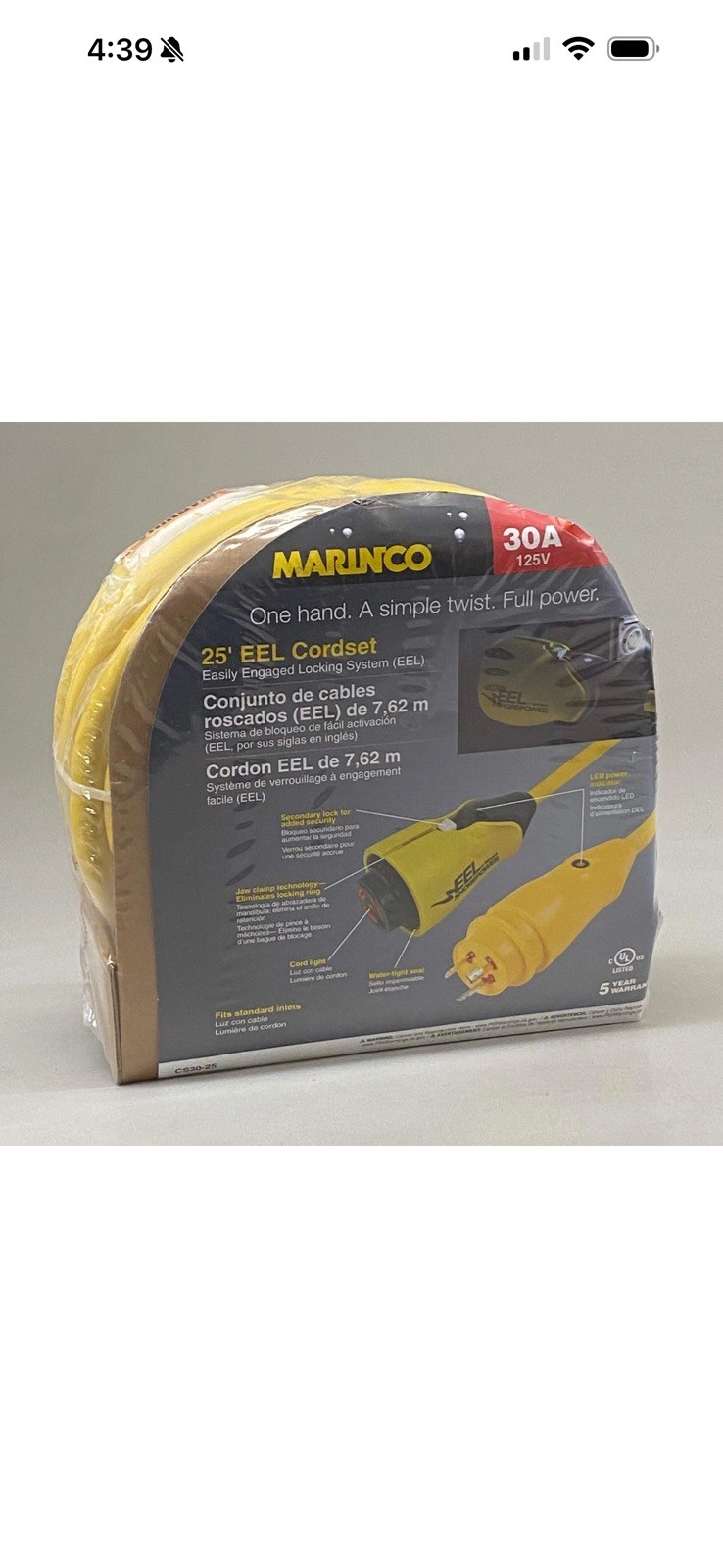 MARINCO 30A,125V Easily Engaged Locking System 25' Yellow CS30-25 MARINCO 30A,125V Easily Engaged Locking System 25' Yellow CS30-25