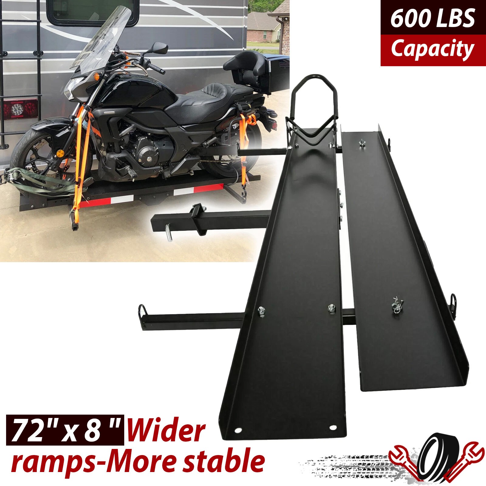 600 LBS Motorcycle Carrier Heavy Duty Dirt Bike Rack Hitch Mount Hauler w/ Ramp 600 LBS Motorcycle Carrier Heavy Duty Dirt Bike Rack Hitch Mount Hauler w/ Ramp