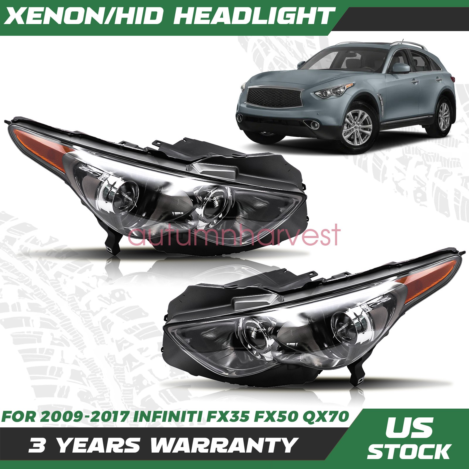 2x Headlights For 2009-2013 Infiniti FX35 FX50 QX70 14-17 w/o Sport Pkg Non-AFS