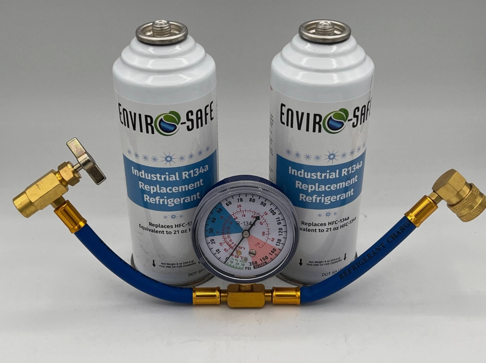 Envirosafe Auto AC Industrial R134a Replacement Refrigerant, 2 cans & Gauge New.