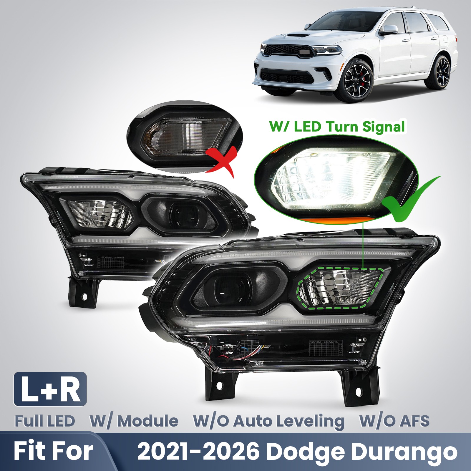 Full LED Headlight For 2021-2026 Dodge Durango w/o Auto Level Left+Right Pair Full LED Headlight For 2021-2026 Dodge Durango w/o Auto Level Left+Right Pair