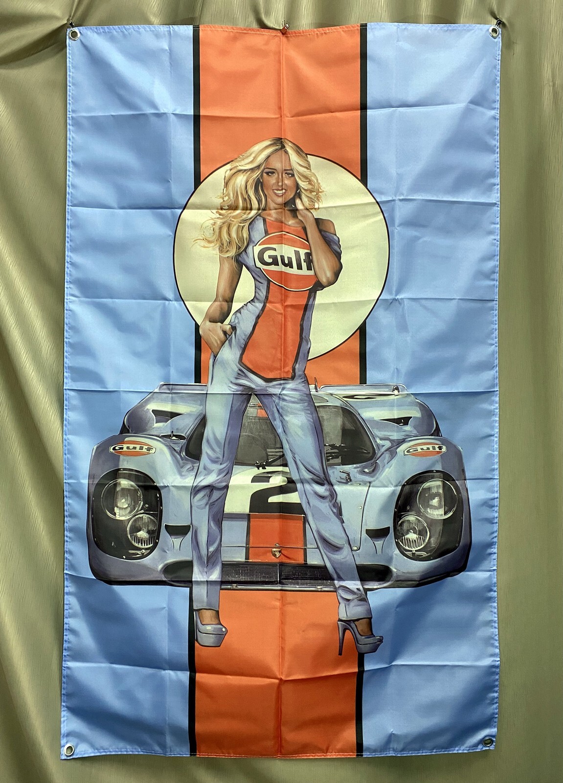 Gulf Racing Flag Car Team Girl Banner Tapestry Gasoline Oil Art Poster 3x5ft