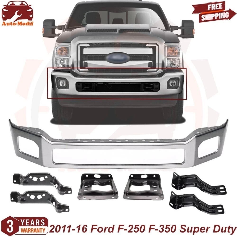 Front Bumper Chrome Steel & Brackets Kit For 2011-16 Ford F-250 F-350 Super Duty