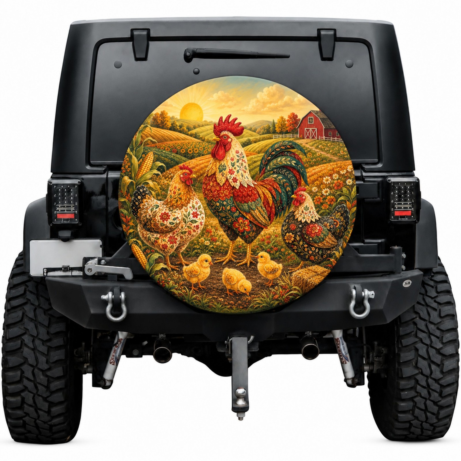 Rooster Chicken Spare Tire Cover, Farmhouse Floral Hen Chick Tire Cover