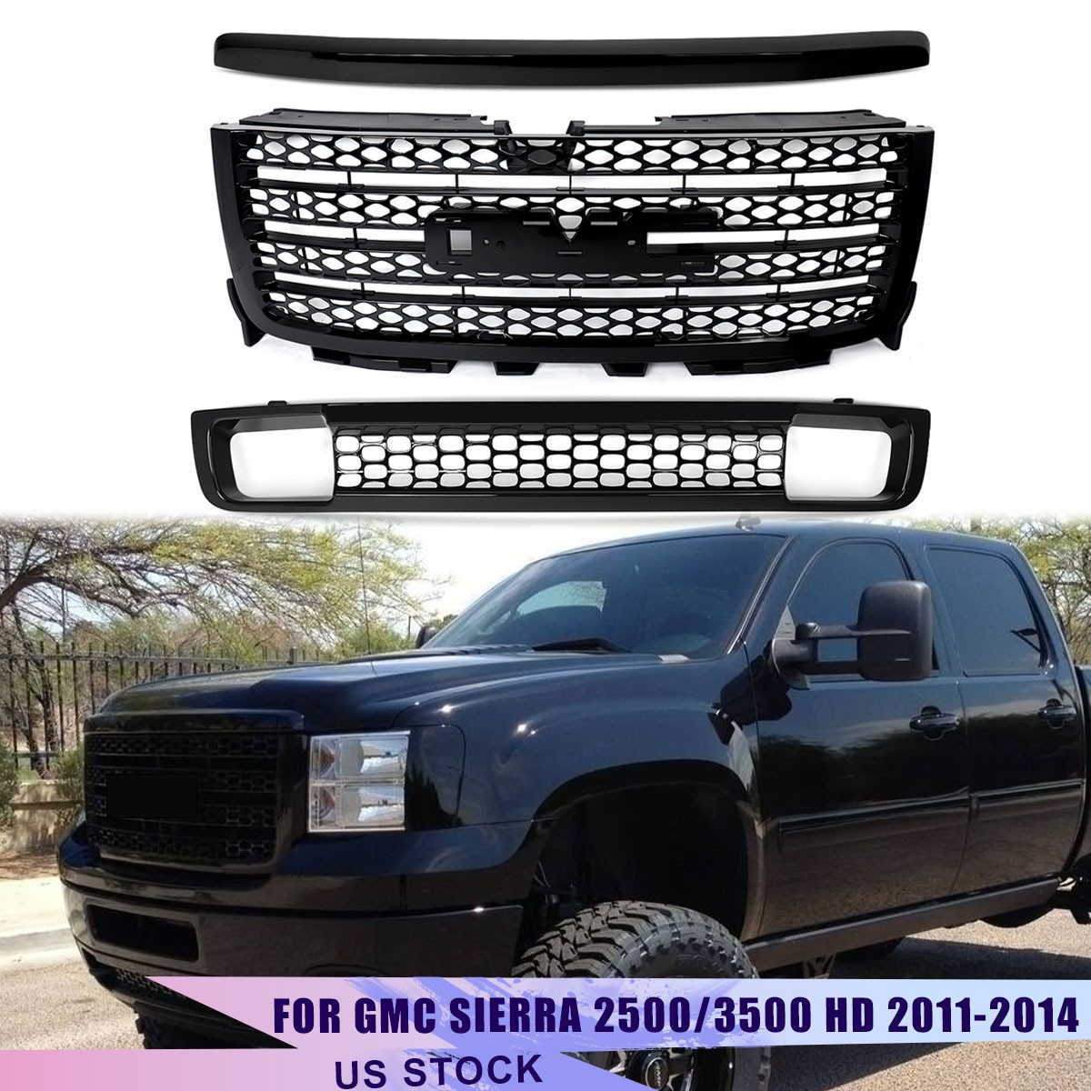 Fits 2011-2014 GMC Sierra 2500/3500HD Denali Front Grille Comb Gloss Black 3pcs