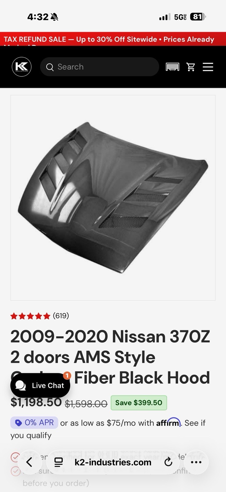 VIS Racing AMS Style Carbon Fiber Hood – Nissan 370Z