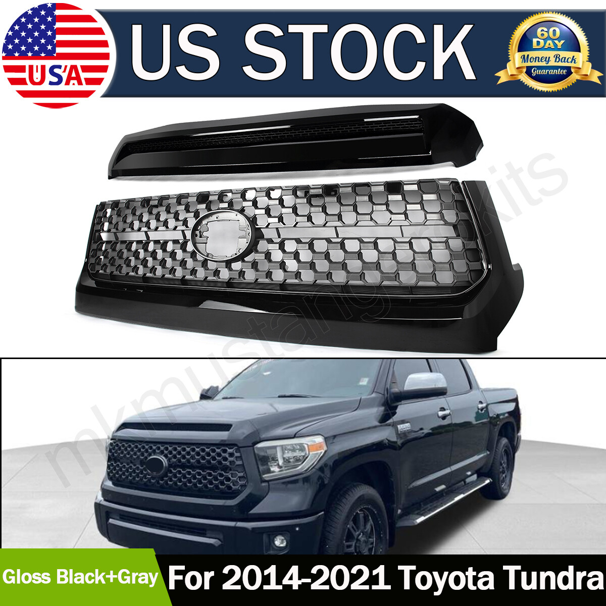2x Gloss Black Front Grill Grille&Hood Bulge Molding For 2014-2021 Toyota Tundra