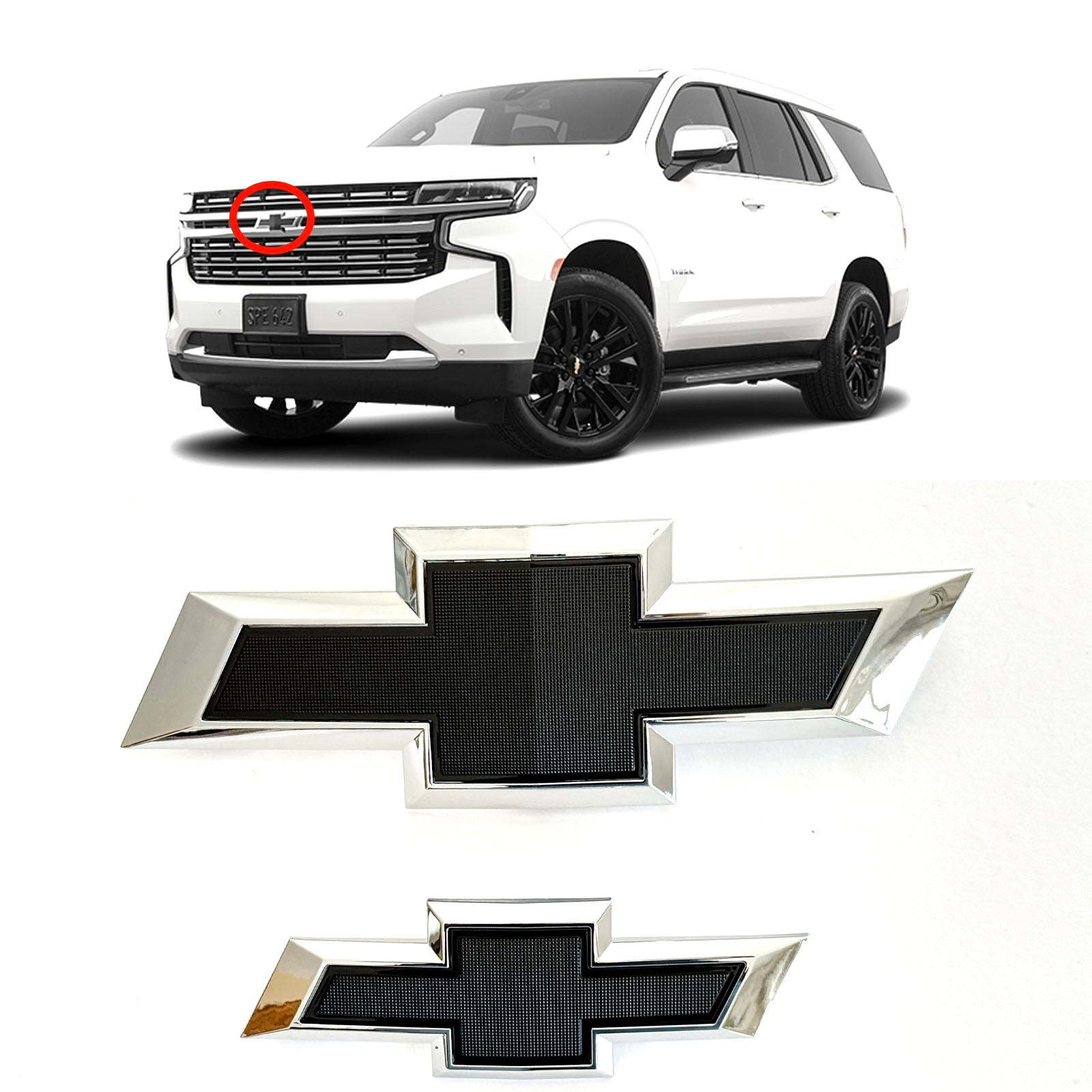 New 2021-2025 Suburban Tahoe Front & Rear Chrome Bowtie Emblems Kit OEM New 2021-2025 Suburban Tahoe Front & Rear Chrome Bowtie Emblems Kit OEM