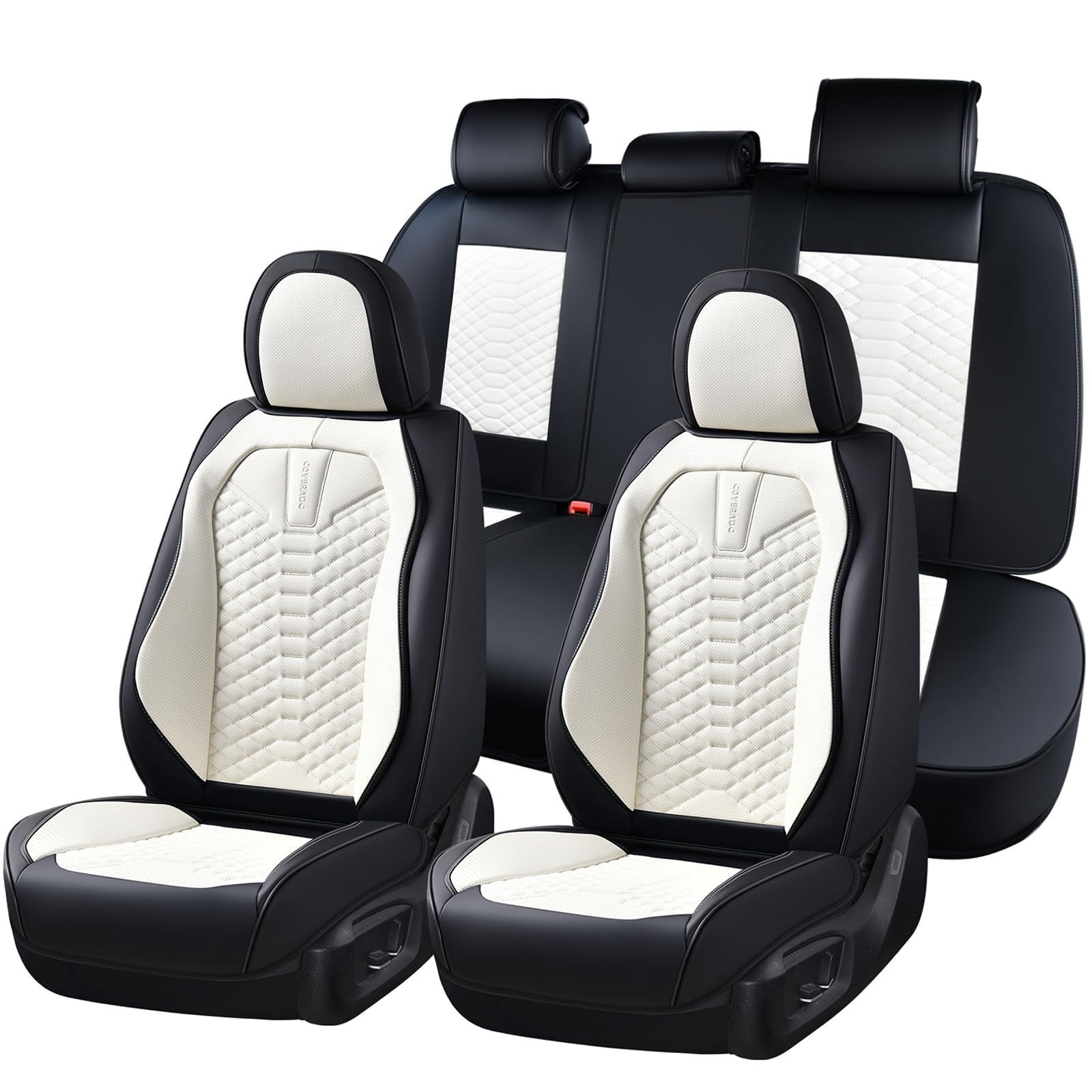Waterproof Nappa Leather Car Seat Covers Full Set, Black & White, 5 Seats, Unive