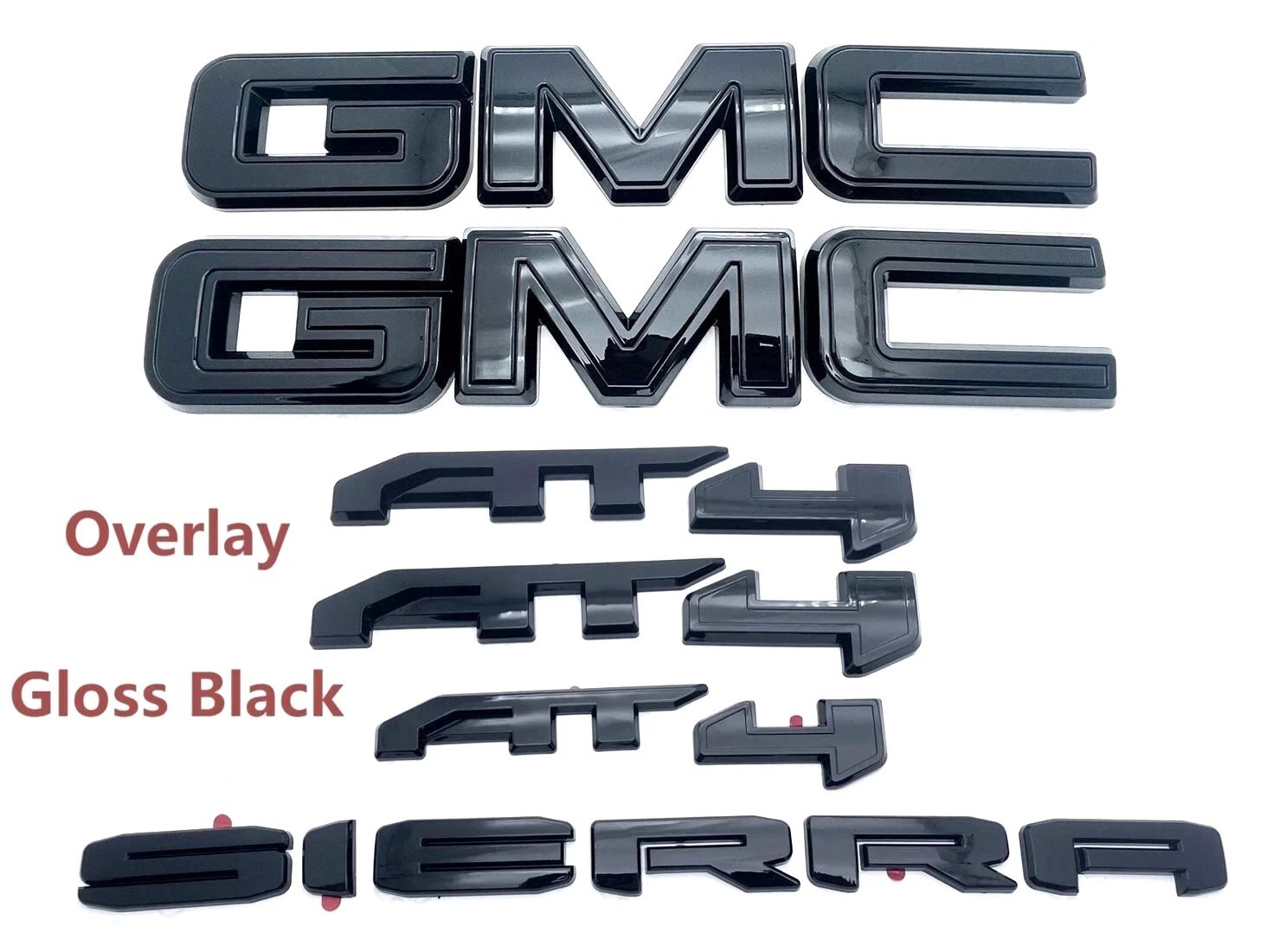 2019-2026 GMC Sierra Front & Rear and AT4 OVERLAY Emblems kit Gloss BLACK