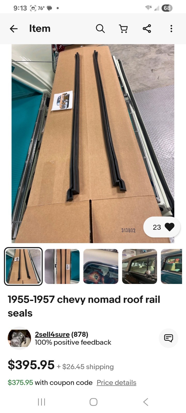 55-57 Chevrolet Nomad Roof rail weatherstripping 