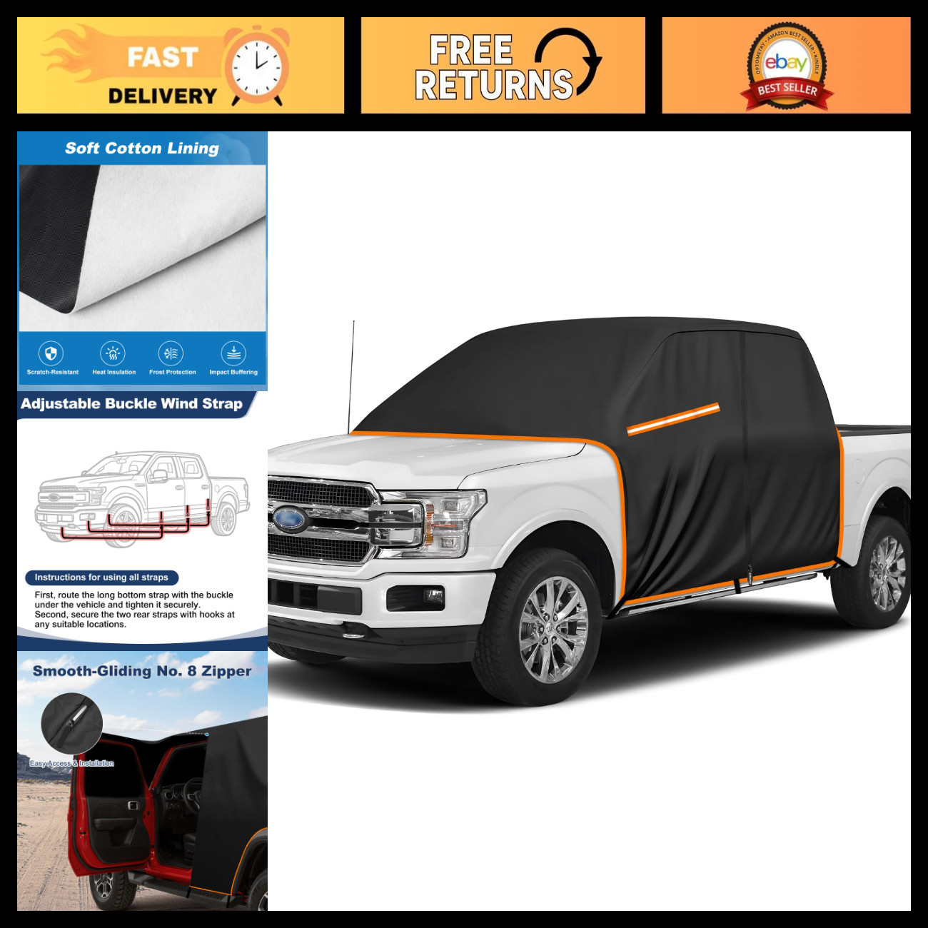 Half Truck Cab Cover for 4-Door Crew Cab - Weatherproof, Durable Protection