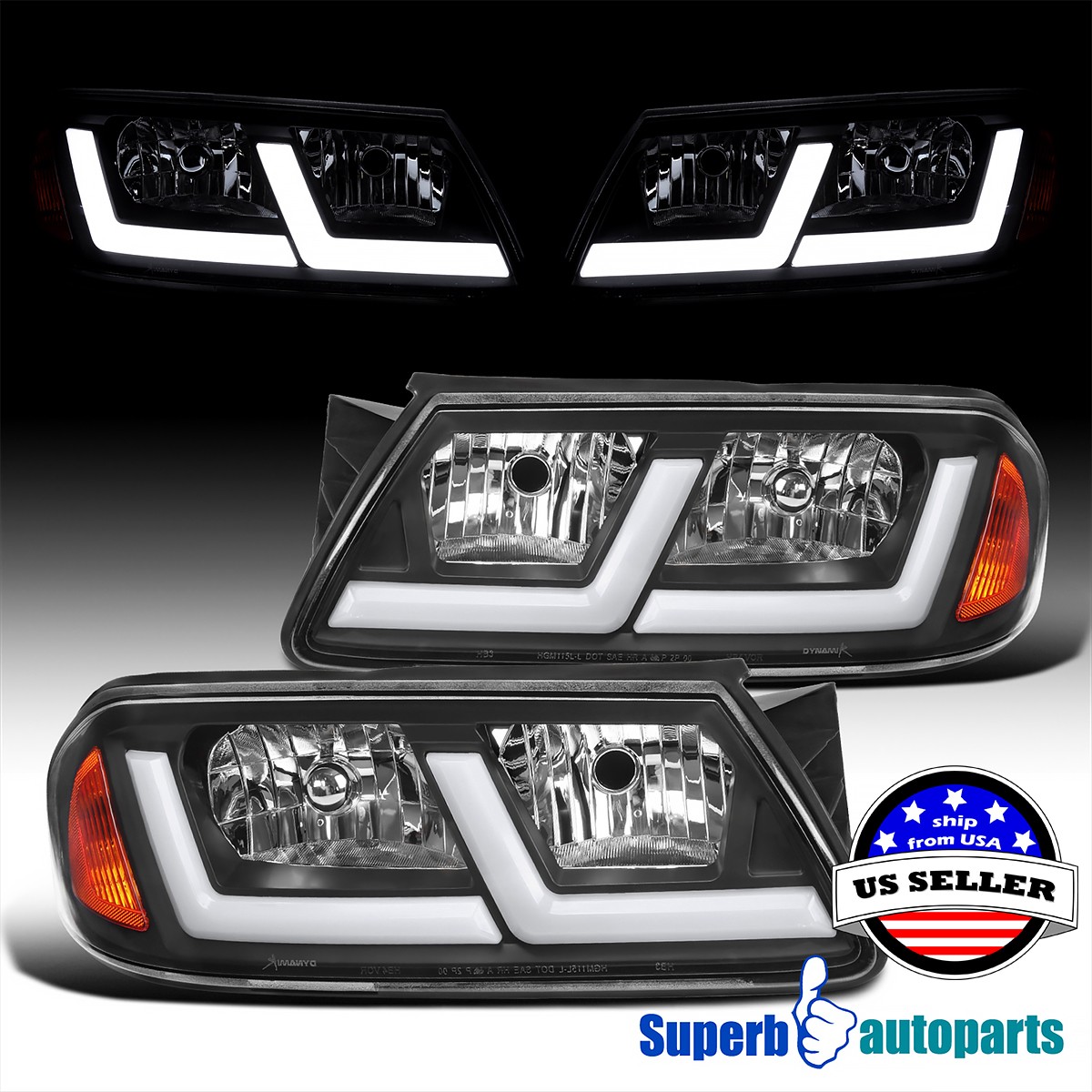 For 2000-2005 CHEVY IMPALA Black Headlights w/ Fiber optic LED strip Left+Right