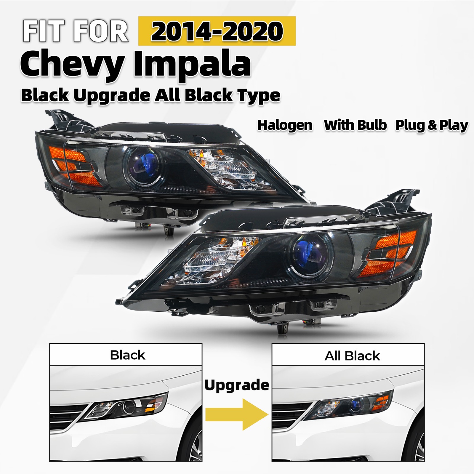 Upgrade Halogen Headlights For 2014-2020 Chevy Impala All Black Projector Pair