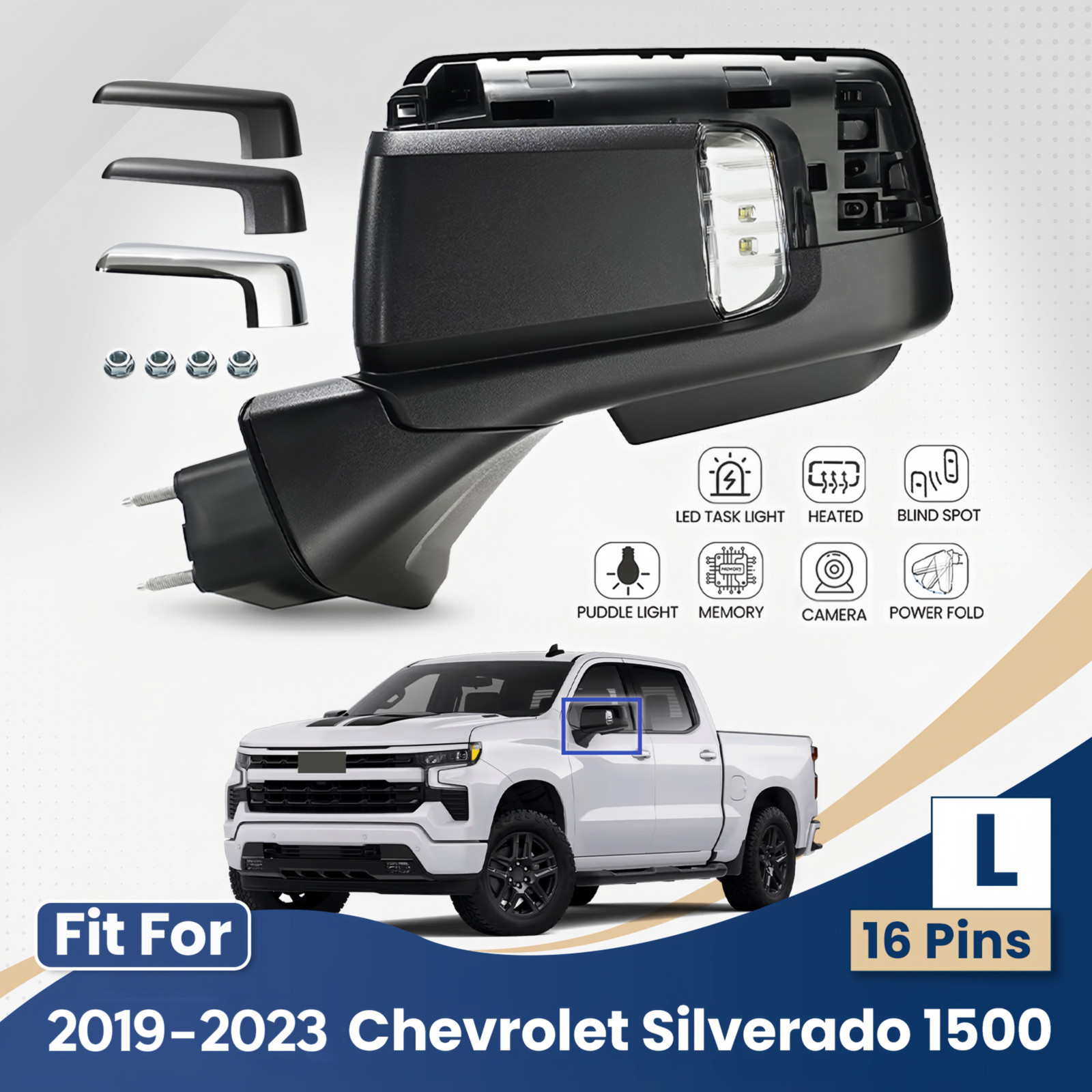 Side Mirror For 2019-2023 Chevy Silverado 1500 &Sierra W/Camera &BSD 16 Pin Left