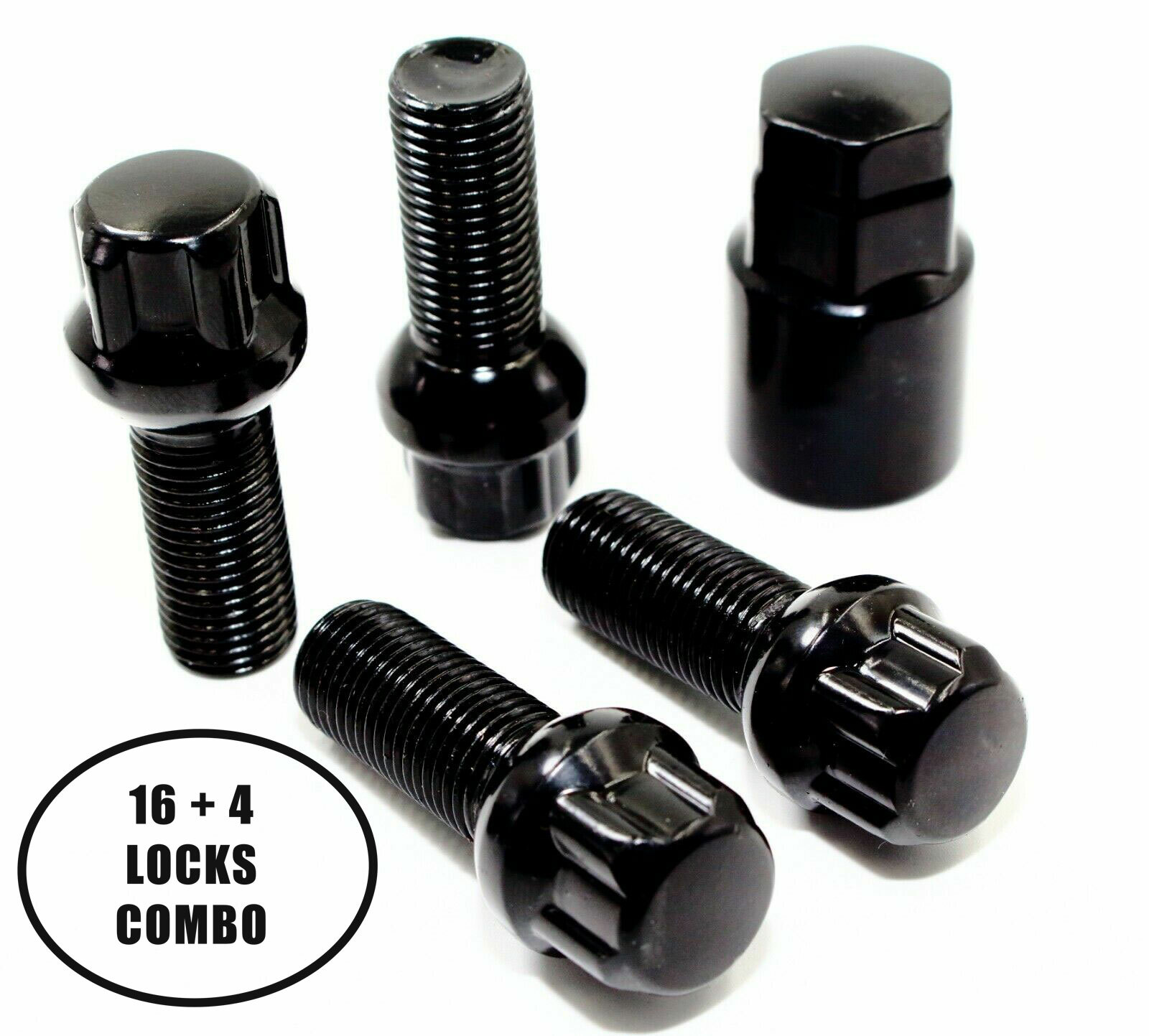 16 + 4 14x1.5 28mm Ball Seat Black Lug Bolts Wheel Locks Combo