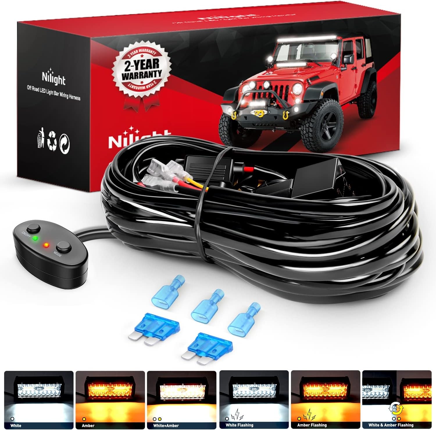 Nilight 16AWG Wiring Harness Kit 1 Lead for 6 Modes Amber White Light Bar