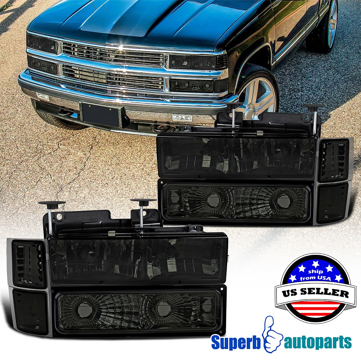 Fits 1994-1998 Chevy C10 C/K 1500 2500 3500 Headlights Front Corner Bumper Smoke Fits 1994-1998 Chevy C10 C/K 1500 2500 3500 Headlights Front Corner Bumper Smoke
