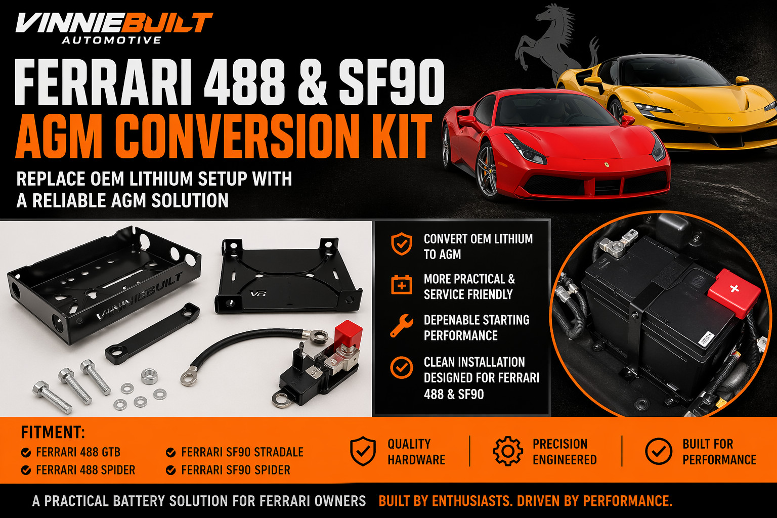 Ferrari 488 SF90 AGM Battery Conversion Kit – Replace OEM Lithium Setup