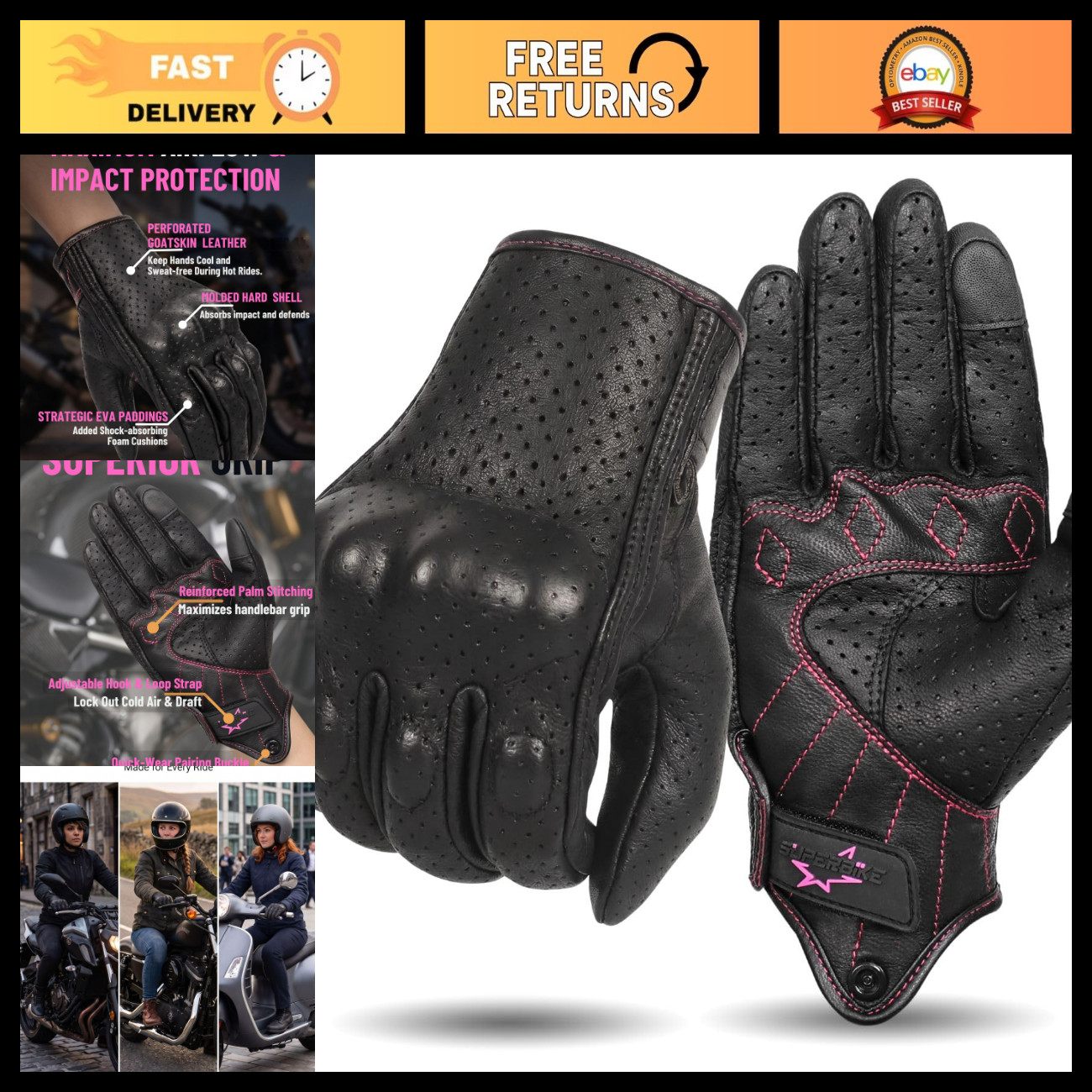 Women\'s Touchscreen Leather Motorcycle Gloves, Perforated Goatskin, Size S Women\'s Touchscreen Leather Motorcycle Gloves, Perforated Goatskin, Size S
