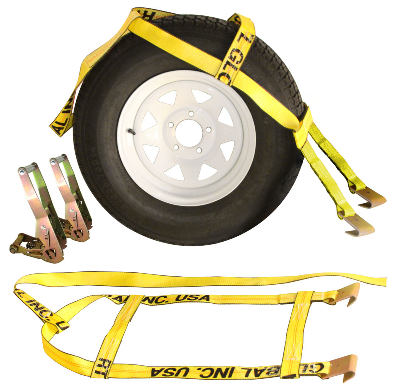 Yellow Demco Tow Dolly Adjustable Basket Straps w/ Flat Hooks & Heavy Duty Ratch