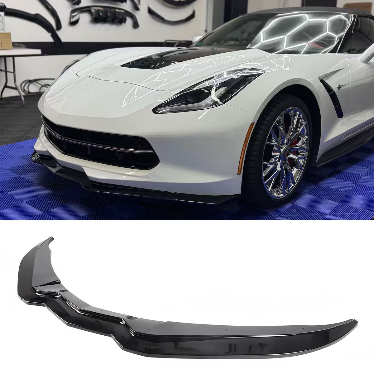 Front Bumper Lip Splitter Spoiler Gloss Black For 2014 -2019 Corvette C7 Stage 2