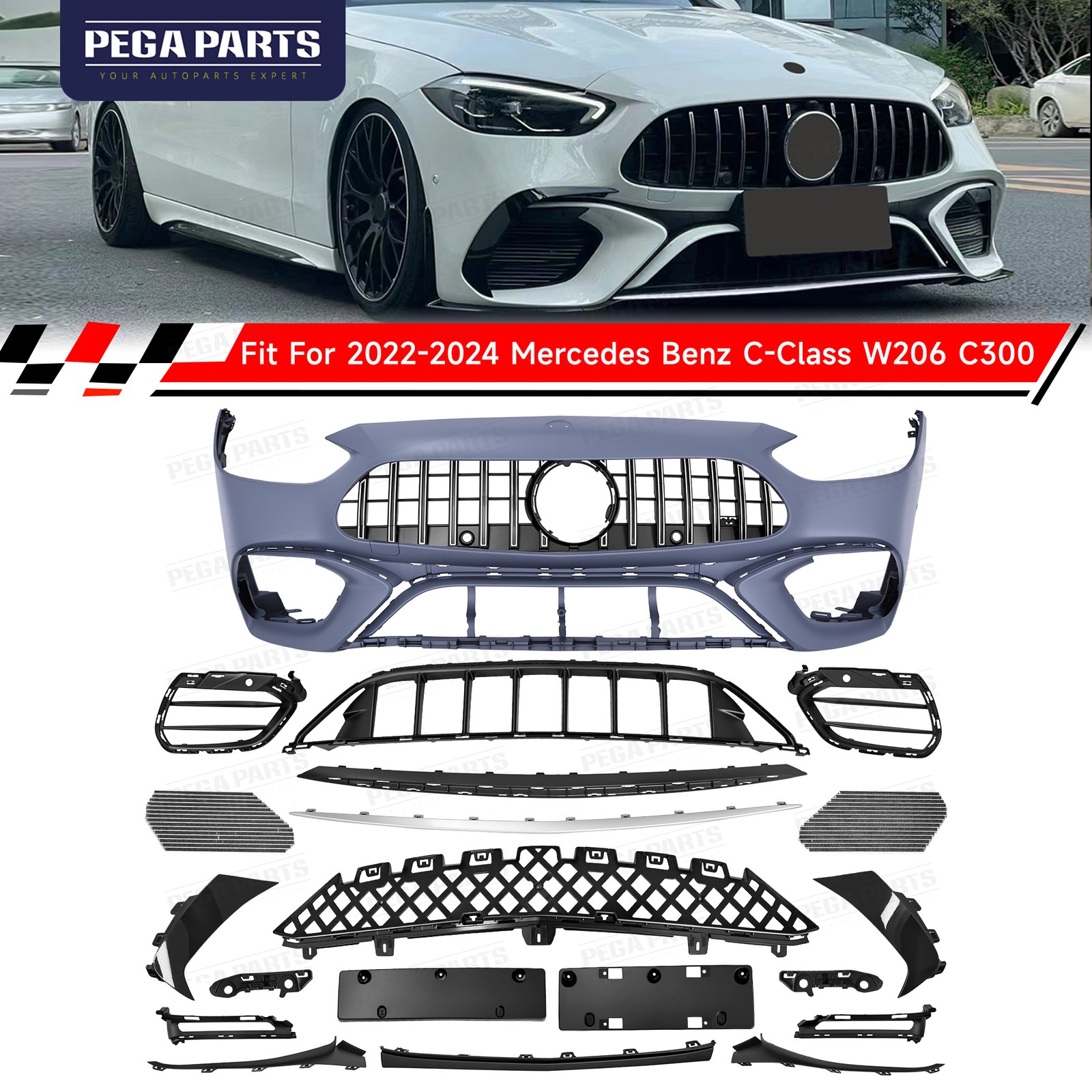 Fit Mercedes Benz W206 C Class To AMG Style 2021+ Complete Front Bumper Body Kit