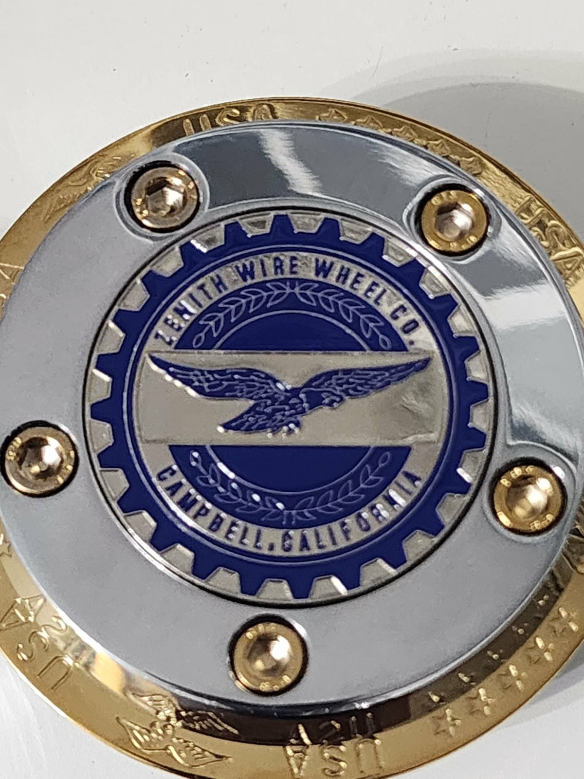 ZENITH EAGLE WIRE WHEEL LOWRIDER KNOCK OFF CHIPS BLUE & SILVER SET OF 4 ZENITH EAGLE WIRE WHEEL LOWRIDER KNOCK OFF CHIPS BLUE & SILVER SET OF 4