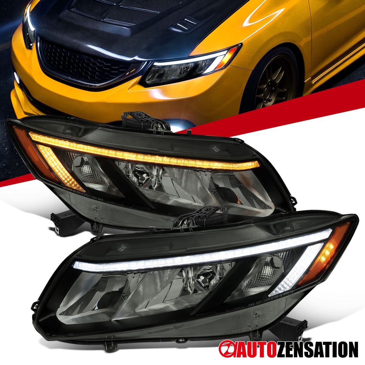 Smoke Fit 2012-2015 Honda Civic Sedan 12-13 Coupe Headlights LED Strip Headlamps